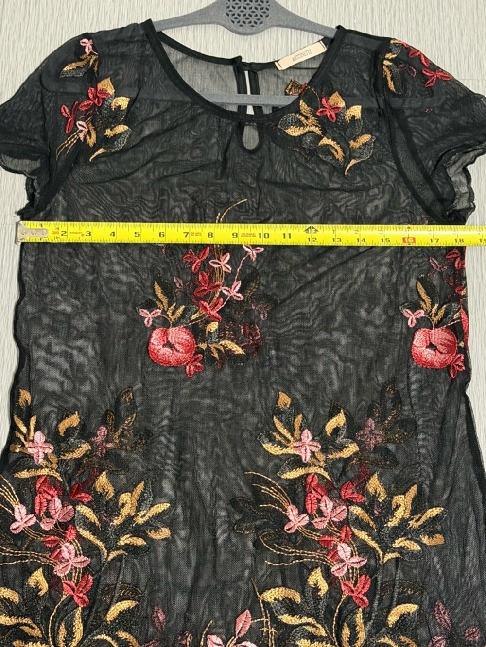 Antoinette Black Sheer Floral Embroidered Dress Mesh Overlay Boho Romantic M - Picture 4 of 10